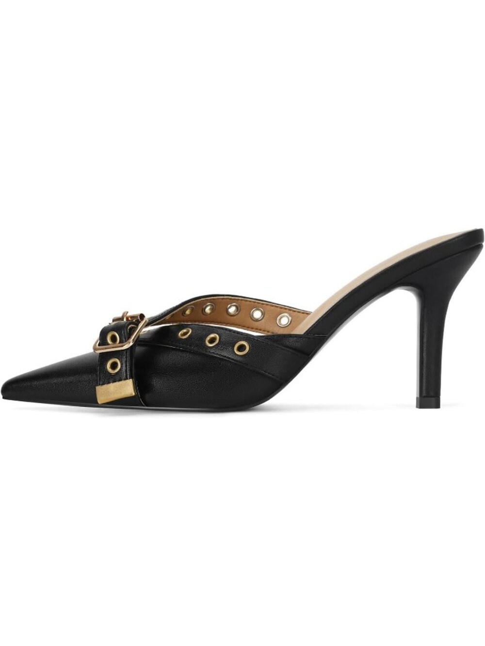 Women's Black Kitten Heels Faux Leather Stiletto Pump Sexy Pointy Studded Shoes